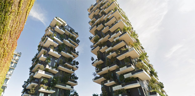 Dos rascacielos de 110 metros y 76 metros que agrupan viviendas y un bosque vertical con 900 árboles: Bosco Verticale, Milán, premio International Highrise Award, 2014. Stefano Boeri Architetti.